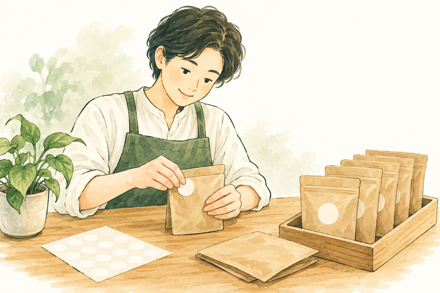 シール貼りと袋詰めの作業イメージ